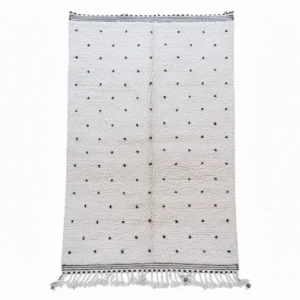 Handwoven Black Dotted Beni Ourain Rug with minimalist Moroccan design and traditional fringes, made from 100% natural wool.
