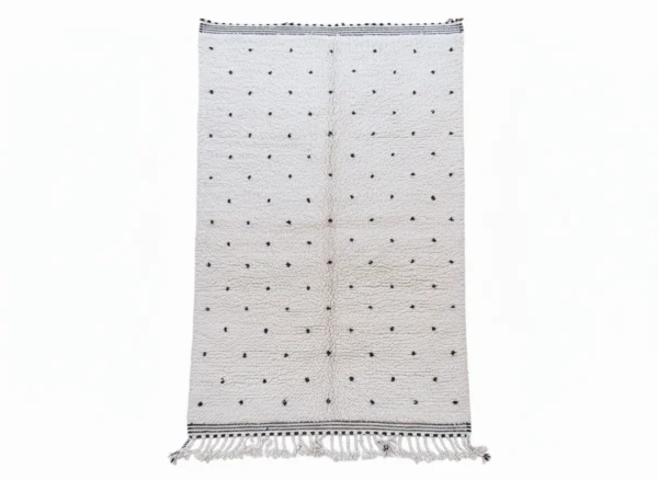 Handwoven Black Dotted Beni Ourain Rug with minimalist Moroccan design and traditional fringes, made from 100% natural wool.