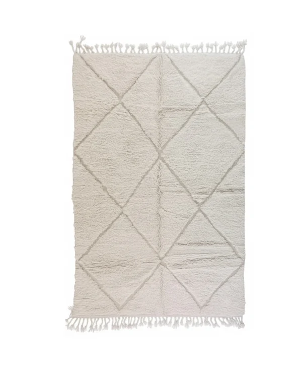 Handwoven Beni Ourain wool rug with classic diamond pattern and fringe, crafted in Morocco