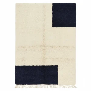 Modern Beni Ourain wool rug with minimalist black corner blocks on a cream base, handcrafted Moroccan design