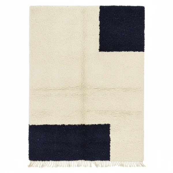 Modern Beni Ourain wool rug with minimalist black corner blocks on a cream base, handcrafted Moroccan design