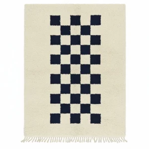 Checkered wool rug with fringe A high-pile, hand-woven wool rug in an off-white color with a bold, vertical checkered pattern in navy blue.