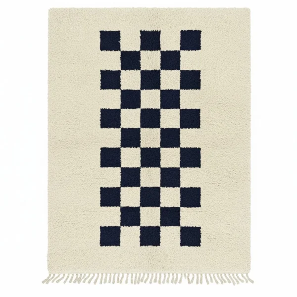Checkered wool rug with fringe A high-pile, hand-woven wool rug in an off-white color with a bold, vertical checkered pattern in navy blue.