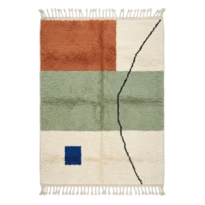 Colorful abstract Moroccan wool rug with rust, sage green, and blue color blocks