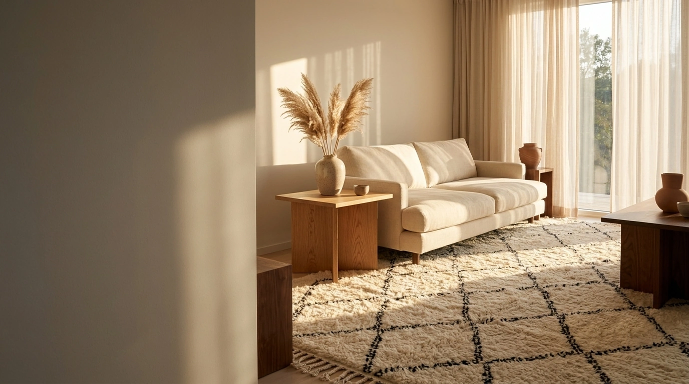 Handwoven ivory Berber rug with black diamond pattern - House of Berber