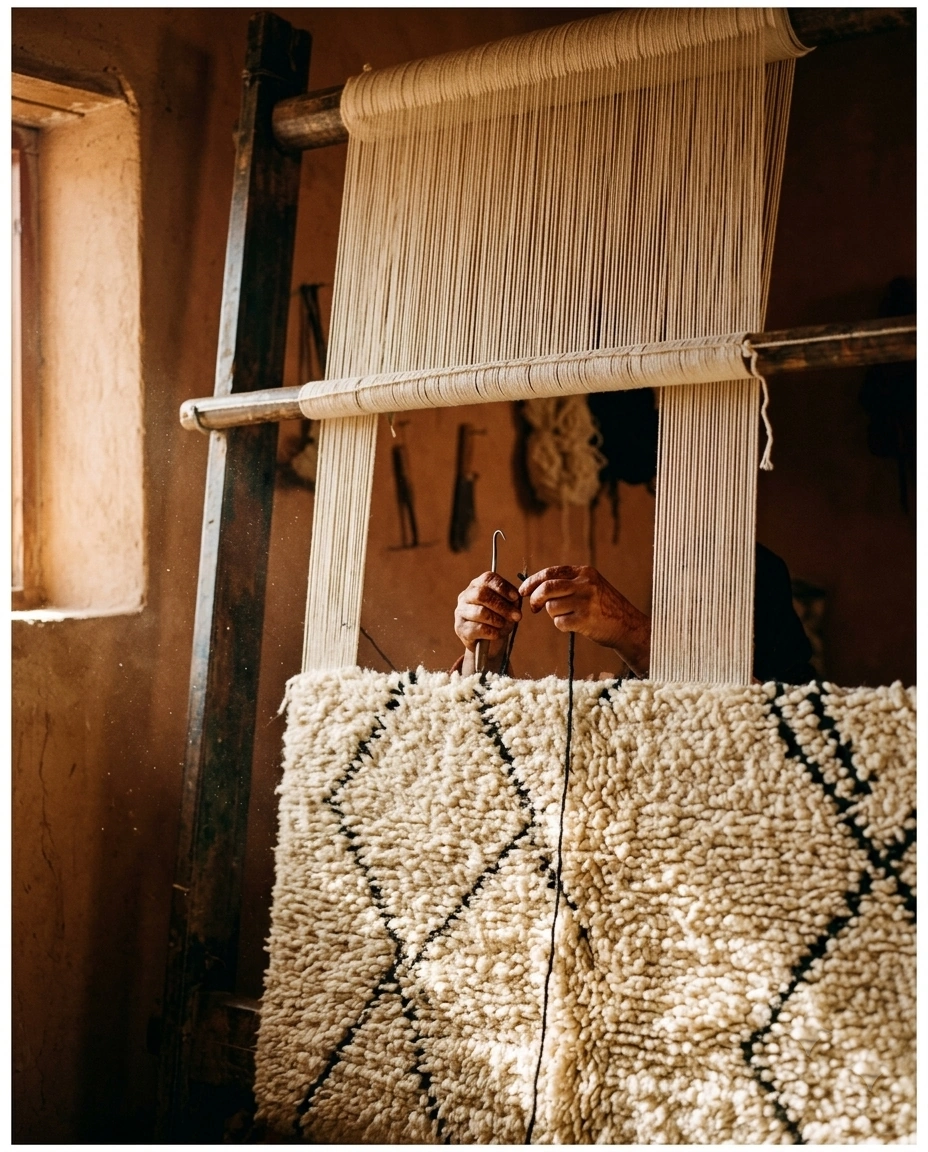 A Beni Ourain rug half-woven on a traditional vertical loom in Morocco’s Middle Atlas