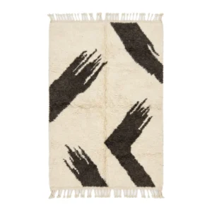 Ivory Beni Ourain rug with bold charcoal brushstroke shapes and fringes, hand-knotted wool