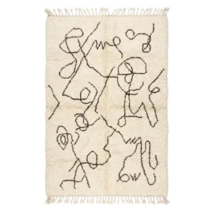 Ivory Beni Ourain rug with a free looping brown line drawing, hand-knotted wool