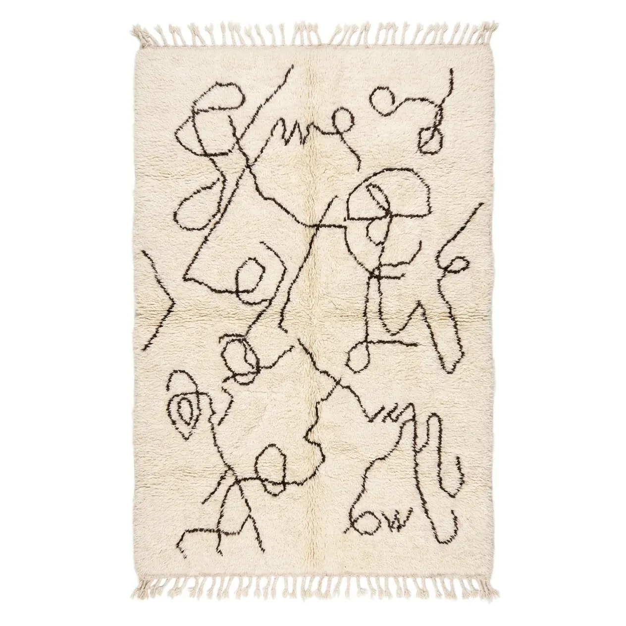 Ivory Beni Ourain rug with a free looping brown line drawing, hand-knotted wool