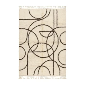 Ivory Beni Ourain rug with interlocking brown arcs and circles, hand-knotted wool