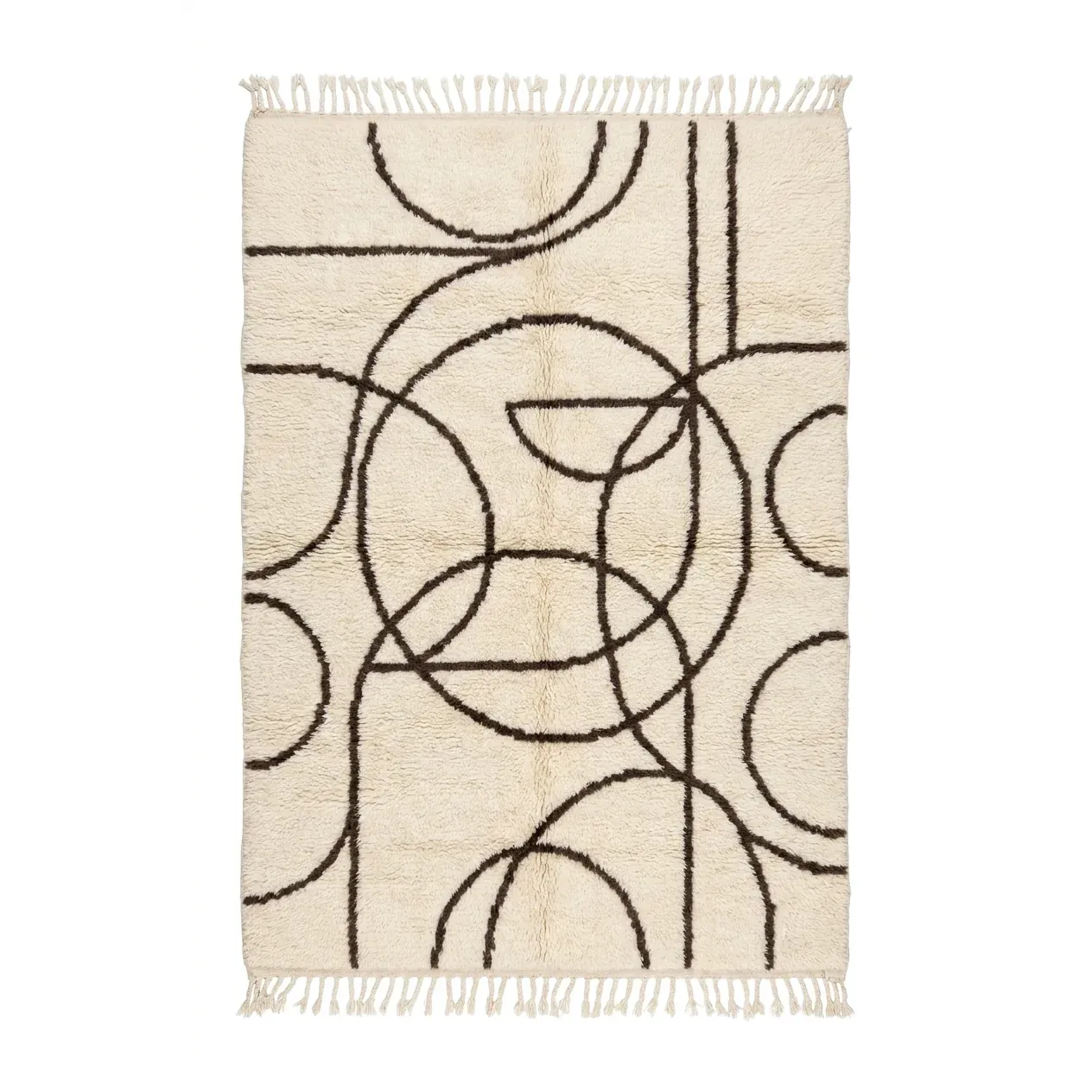 Ivory Beni Ourain rug with interlocking brown arcs and circles, hand-knotted wool