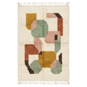 Ivory Beni Ourain rug with abstract colour blocks in mustard, sage, blush and terracotta