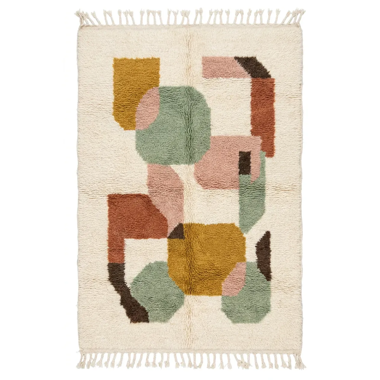 Ivory Beni Ourain rug with abstract colour blocks in mustard, sage, blush and terracotta