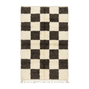 Brown and ivory checkered Beni Ourain rug with large squares and fringes, hand-knotted wool