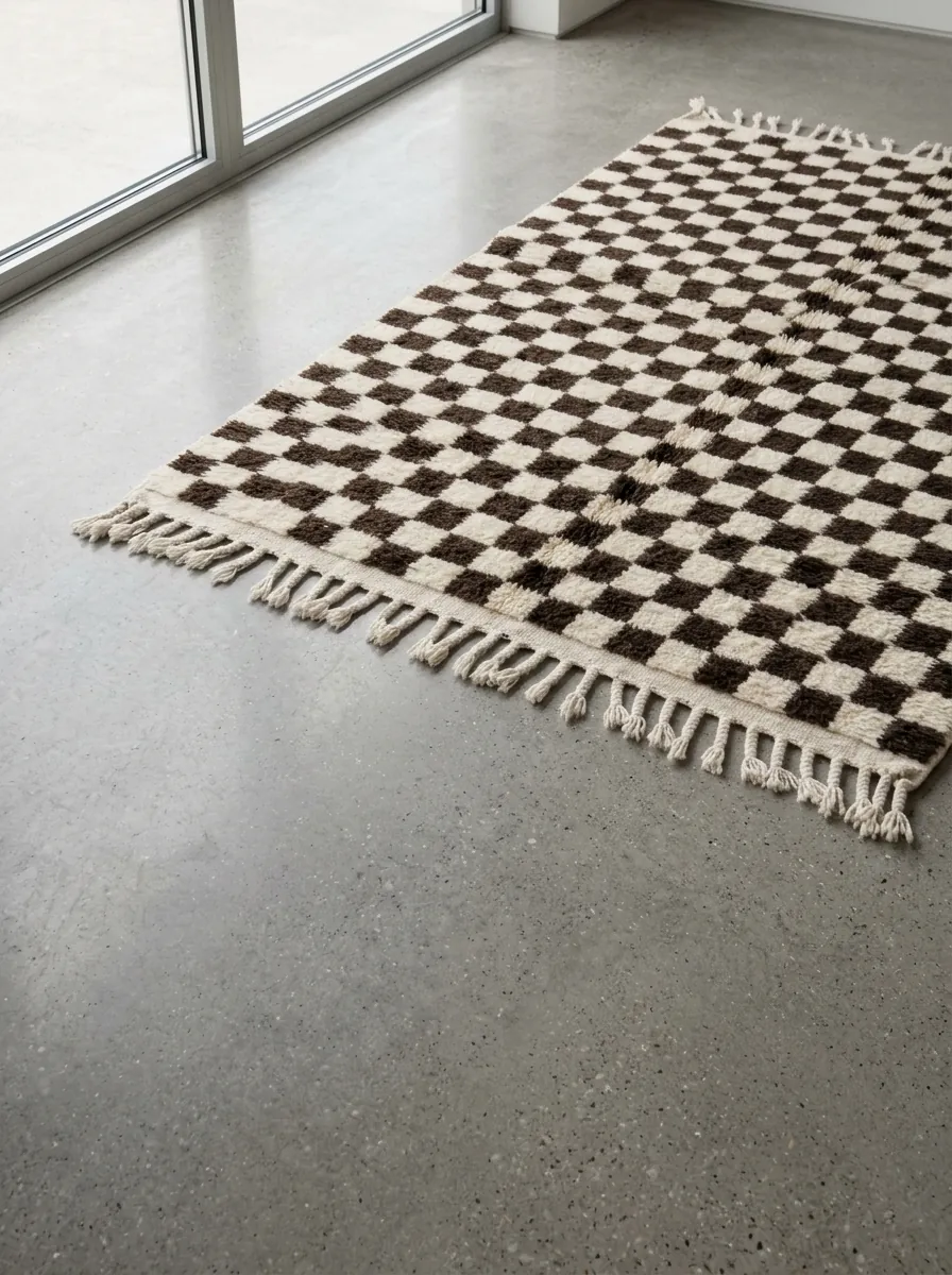 Small Checkered Brown Beni Ourain Rug — handwoven wool rug shown on a concrete floor