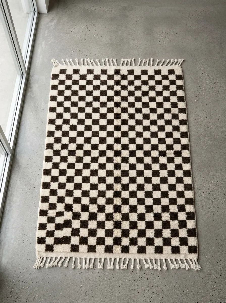 Small Checkered Brown Beni Ourain Rug — full rug laid flat on a concrete floor, seen from above