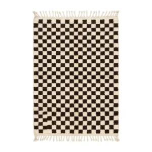 Small checkered Beni Ourain rug in brown and ivory with fringes, hand-knotted Moroccan wool