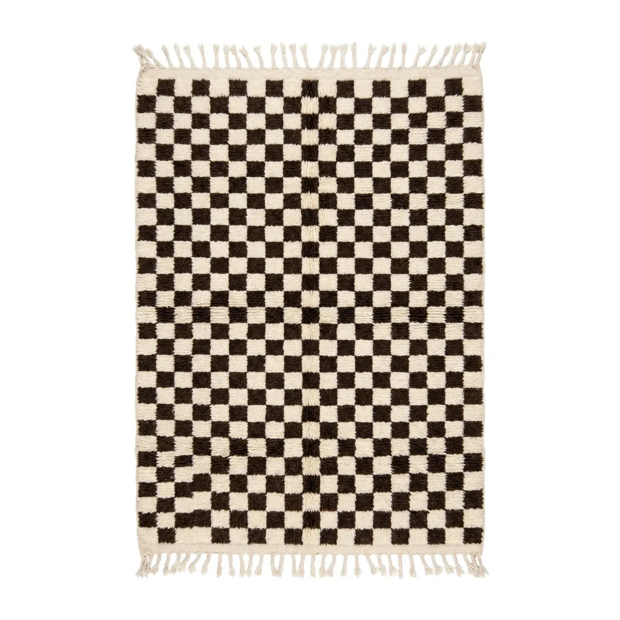 Small checkered Beni Ourain rug in brown and ivory with fringes, hand-knotted Moroccan wool