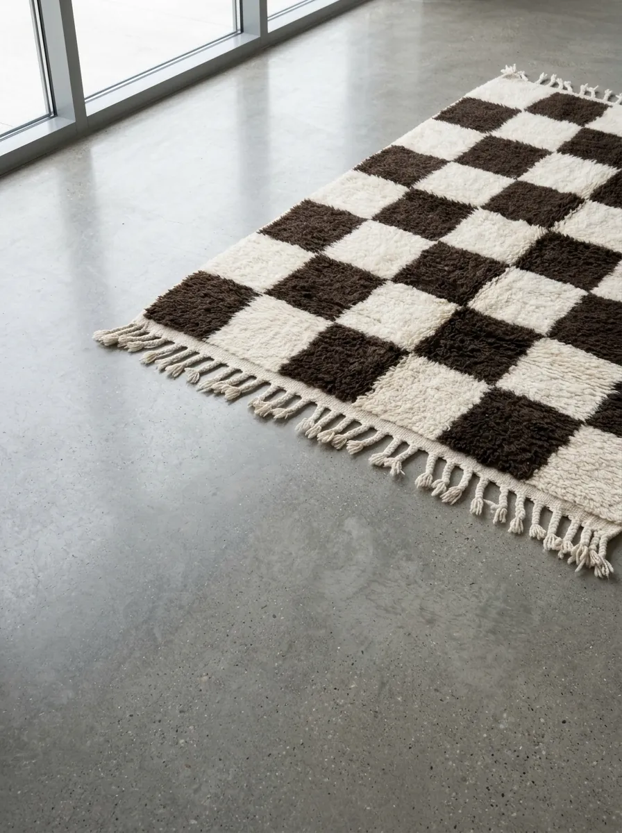 Black & White Checkered Beni Ourain Rug — handwoven wool rug shown on a concrete floor