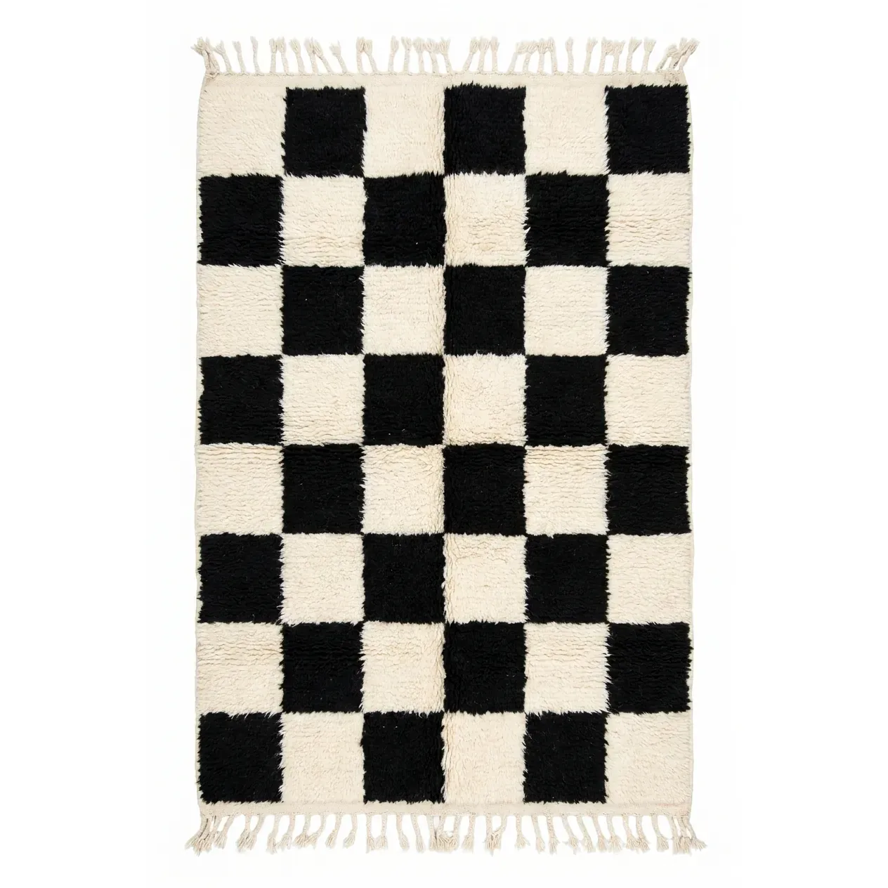 Black and white checkered Beni Ourain rug with large squares and fringes, hand-knotted wool