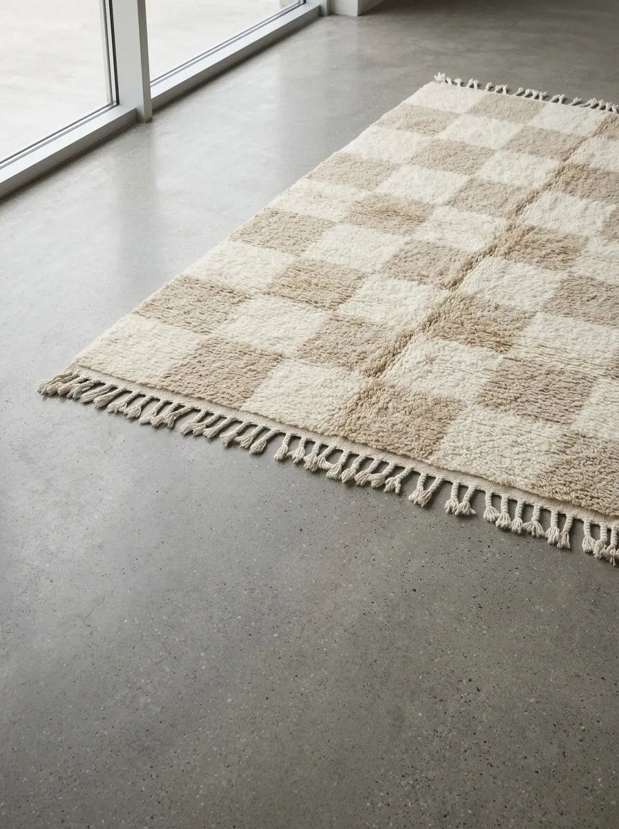 Beige & Cream Checkered Beni Ourain Rug — handwoven wool rug shown on a concrete floor