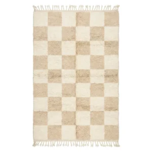 Beige and cream checkered Beni Ourain rug with soft tonal squares and fringes, Moroccan wool