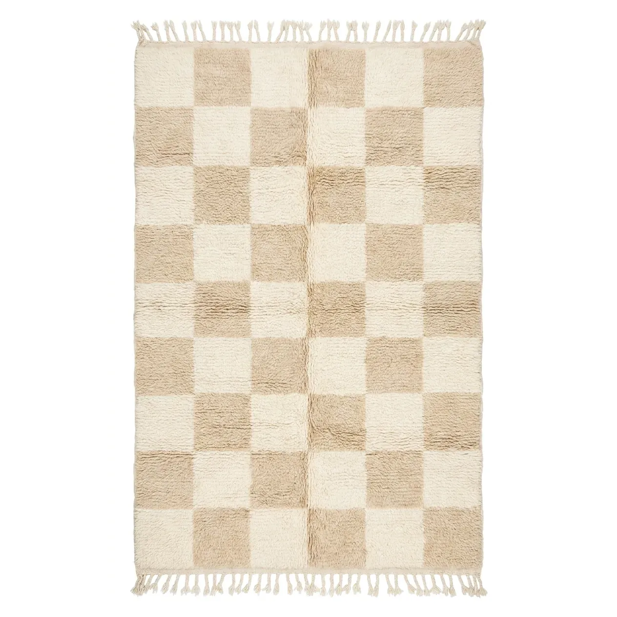 Beige and cream checkered Beni Ourain rug with soft tonal squares and fringes, Moroccan wool