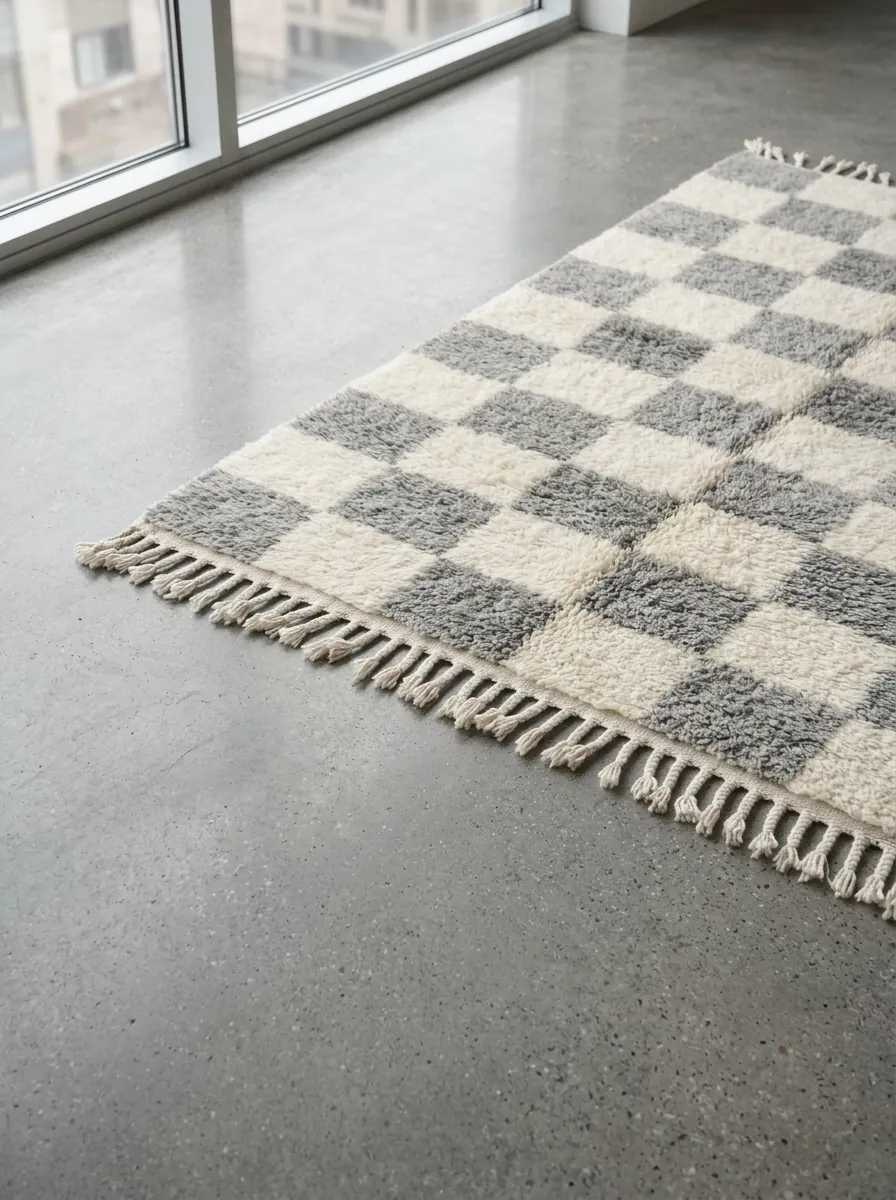 Grey & Ivory Checkered Beni Ourain Rug — handwoven wool rug shown on a concrete floor