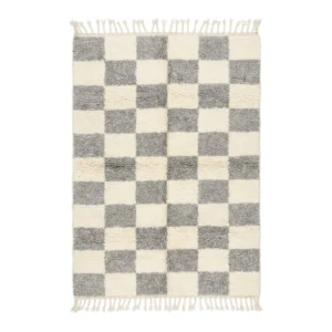 Grey and ivory checkered Beni Ourain rug with heathered grey squares and fringes, wool rug