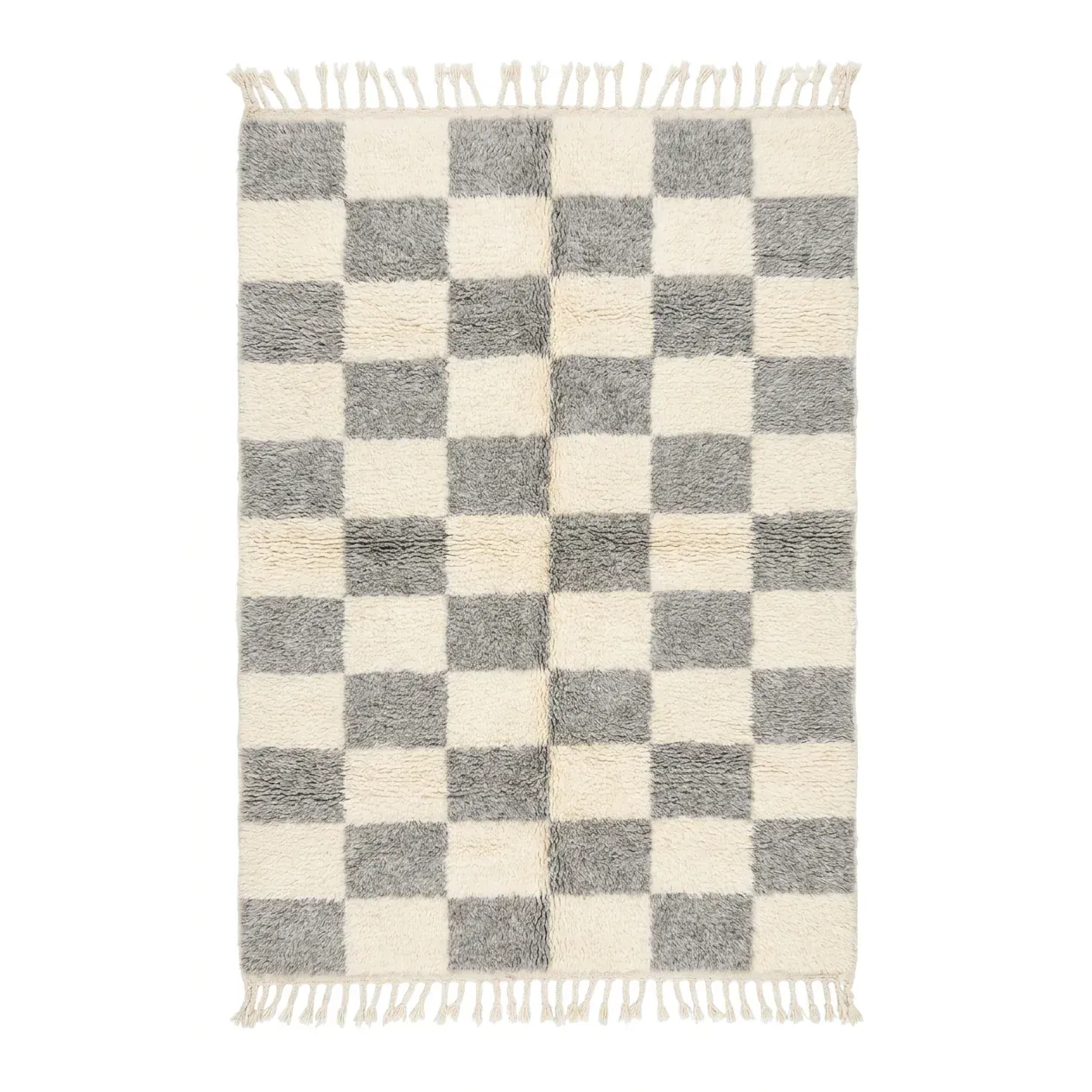 Grey and ivory checkered Beni Ourain rug with heathered grey squares and fringes, wool rug