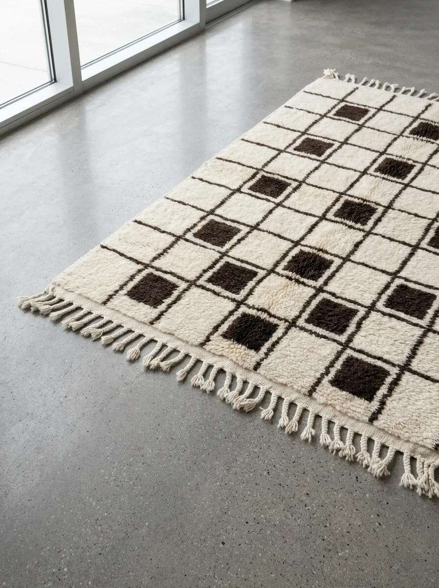 Grid Beni Ourain Rug with Brown Squares — handwoven wool rug shown on a concrete floor