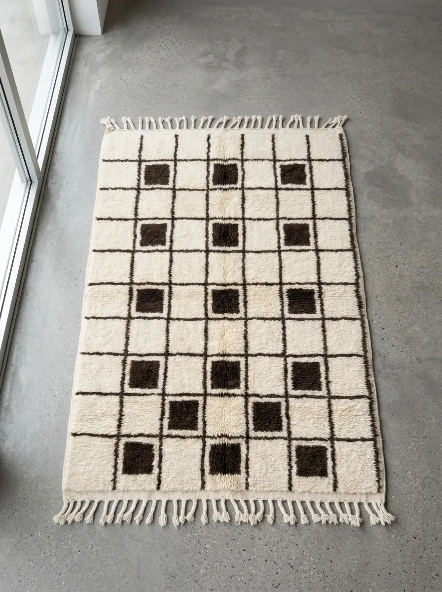 Grid Beni Ourain Rug with Brown Squares — full rug laid flat on a concrete floor, seen from above