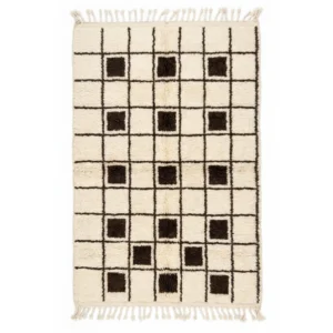 Ivory Beni Ourain rug with a thin brown grid and scattered brown squares, hand-knotted wool