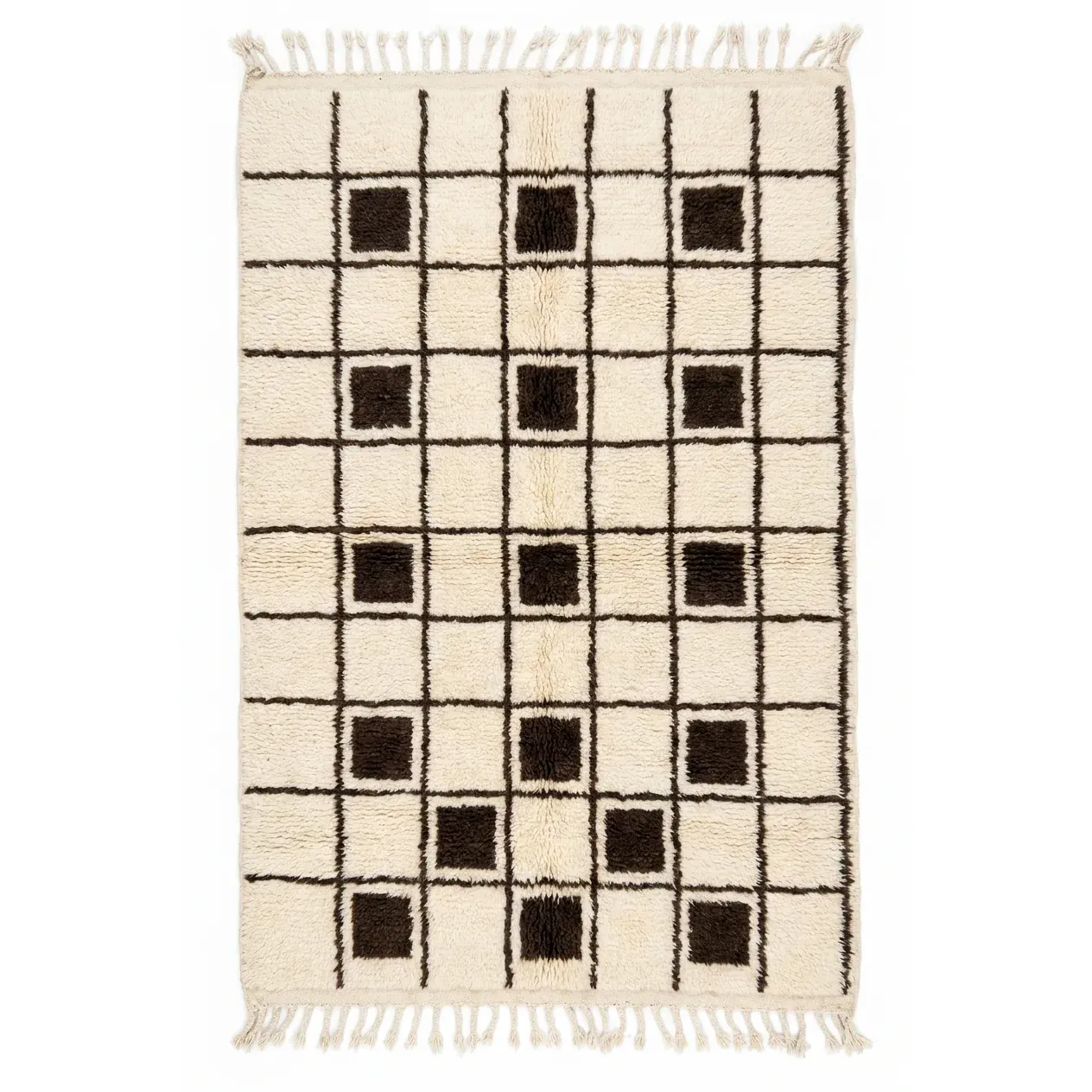 Ivory Beni Ourain rug with a thin brown grid and scattered brown squares, hand-knotted wool