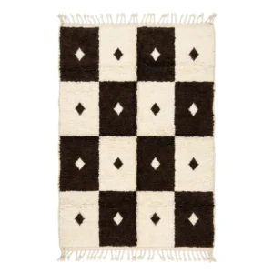 Brown and ivory checkered Beni Ourain rug with a small diamond in each square, hand-knotted