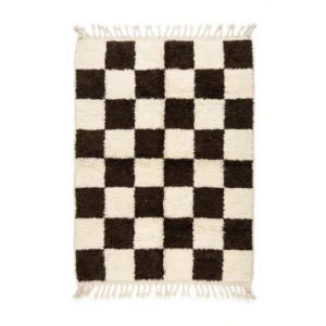 Brown and ivory checkered Beni Ourain rug with softly irregular hand-drawn squares, wool rug