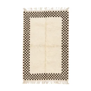 Ivory Beni Ourain rug with a plain centre and a brown checkered border, hand-knotted wool