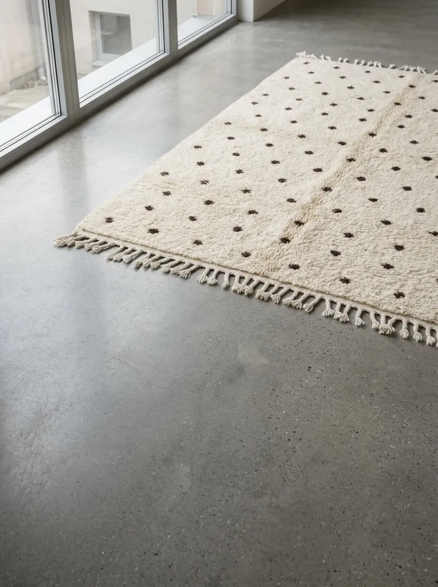 Scattered Dots Beni Ourain Rug — handwoven wool rug shown on a concrete floor