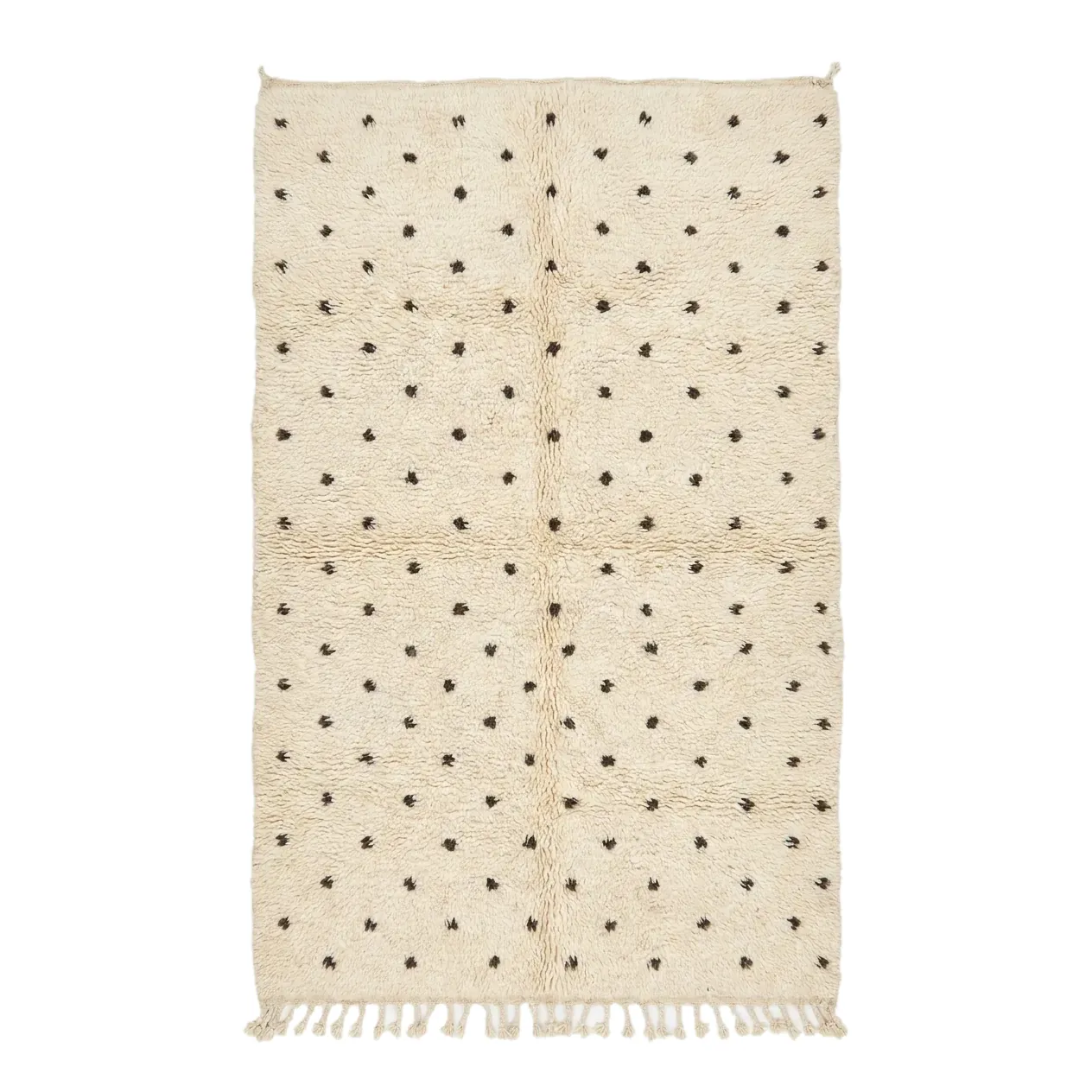Ivory Beni Ourain rug with small brown dots scattered in loose rows, hand-knotted wool
