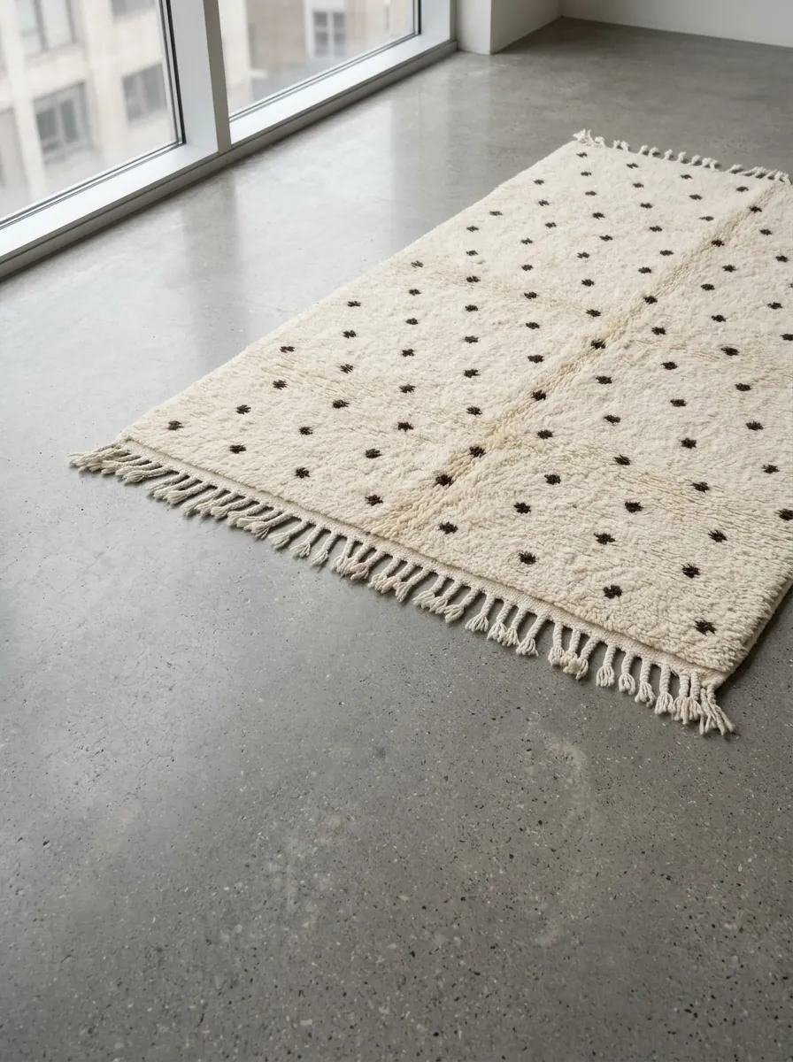 Small Dot Grid Beni Ourain Rug — handwoven wool rug shown on a concrete floor