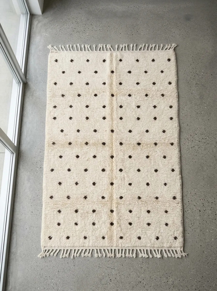 Small Dot Grid Beni Ourain Rug — full rug laid flat on a concrete floor, seen from above