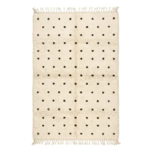 Ivory Beni Ourain rug with an even grid of small brown dots and fringes, hand-knotted wool
