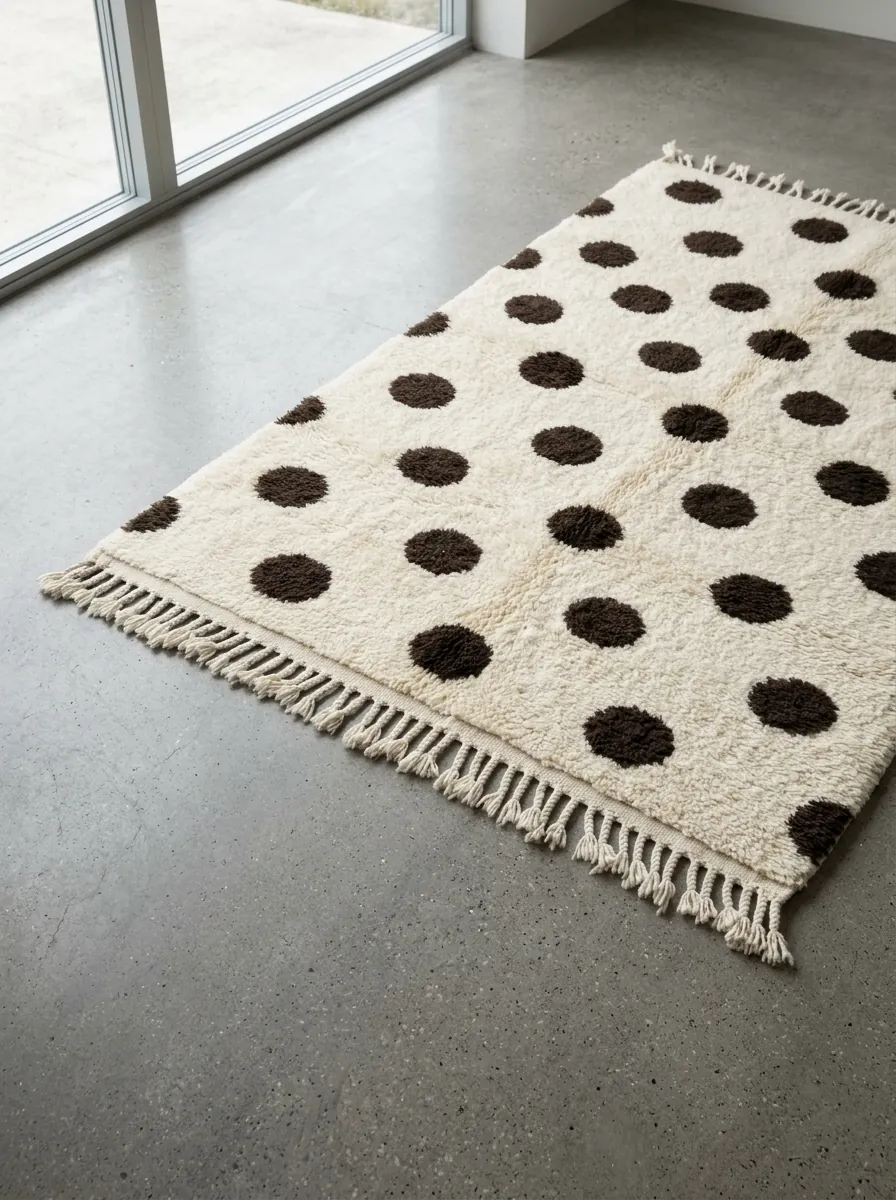 Large Polka Dot Beni Ourain Rug — handwoven wool rug shown on a concrete floor