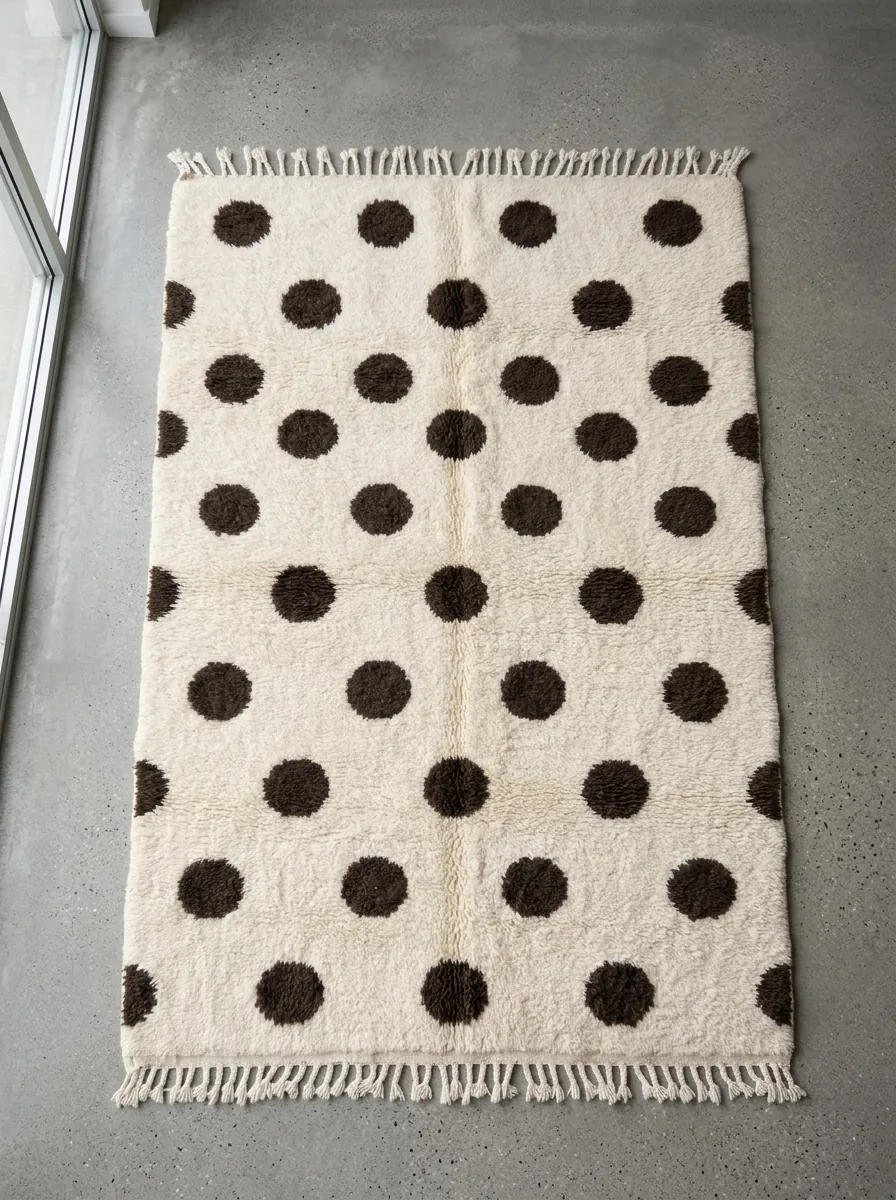 Large Polka Dot Beni Ourain Rug — full rug laid flat on a concrete floor, seen from above