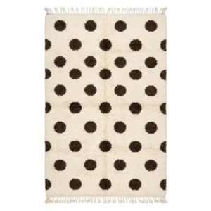 Ivory Beni Ourain rug with large round brown polka dots and fringes, hand-knotted wool