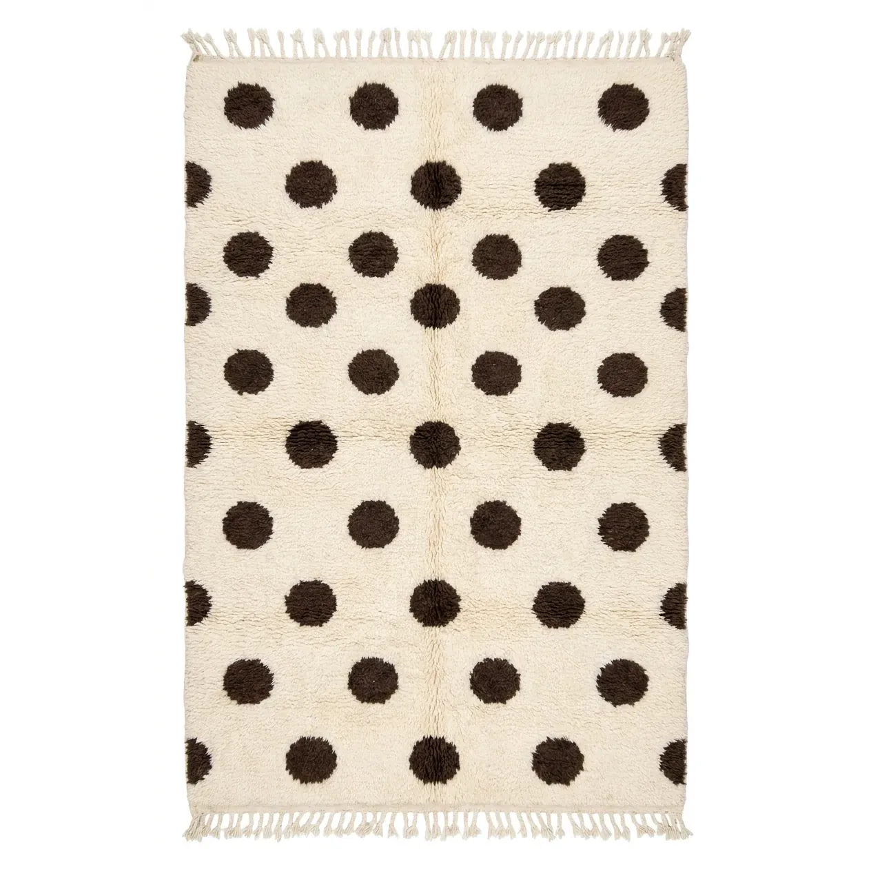 Ivory Beni Ourain rug with large round brown polka dots and fringes, hand-knotted wool