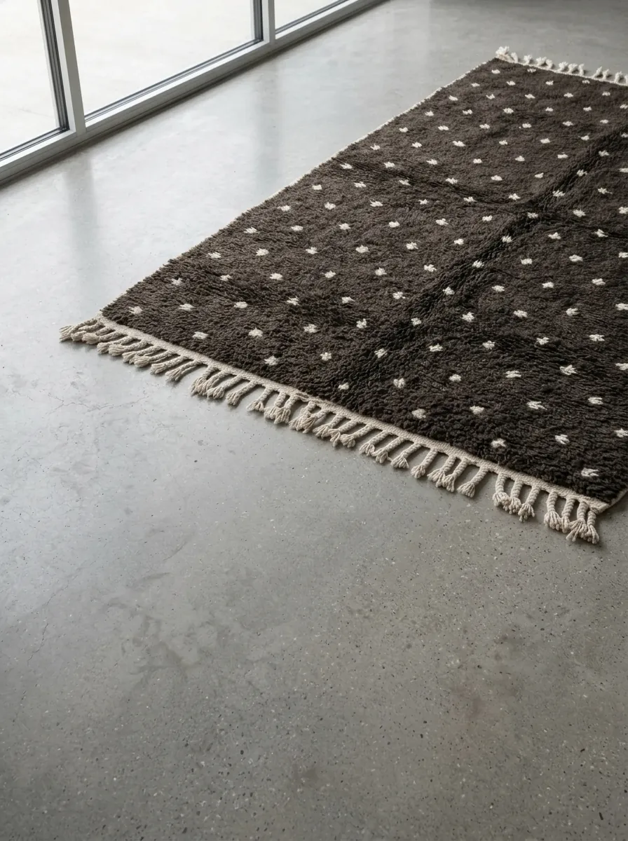 Charcoal Dotted Beni Ourain Rug — handwoven wool rug shown on a concrete floor