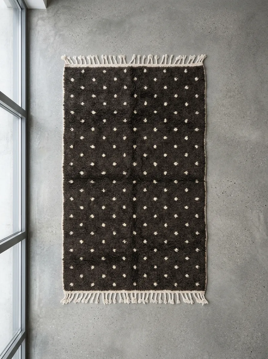 Charcoal Dotted Beni Ourain Rug — full rug laid flat on a concrete floor, seen from above
