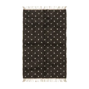 Dark charcoal Beni Ourain rug with small ivory dots in rows and fringes, hand-knotted wool