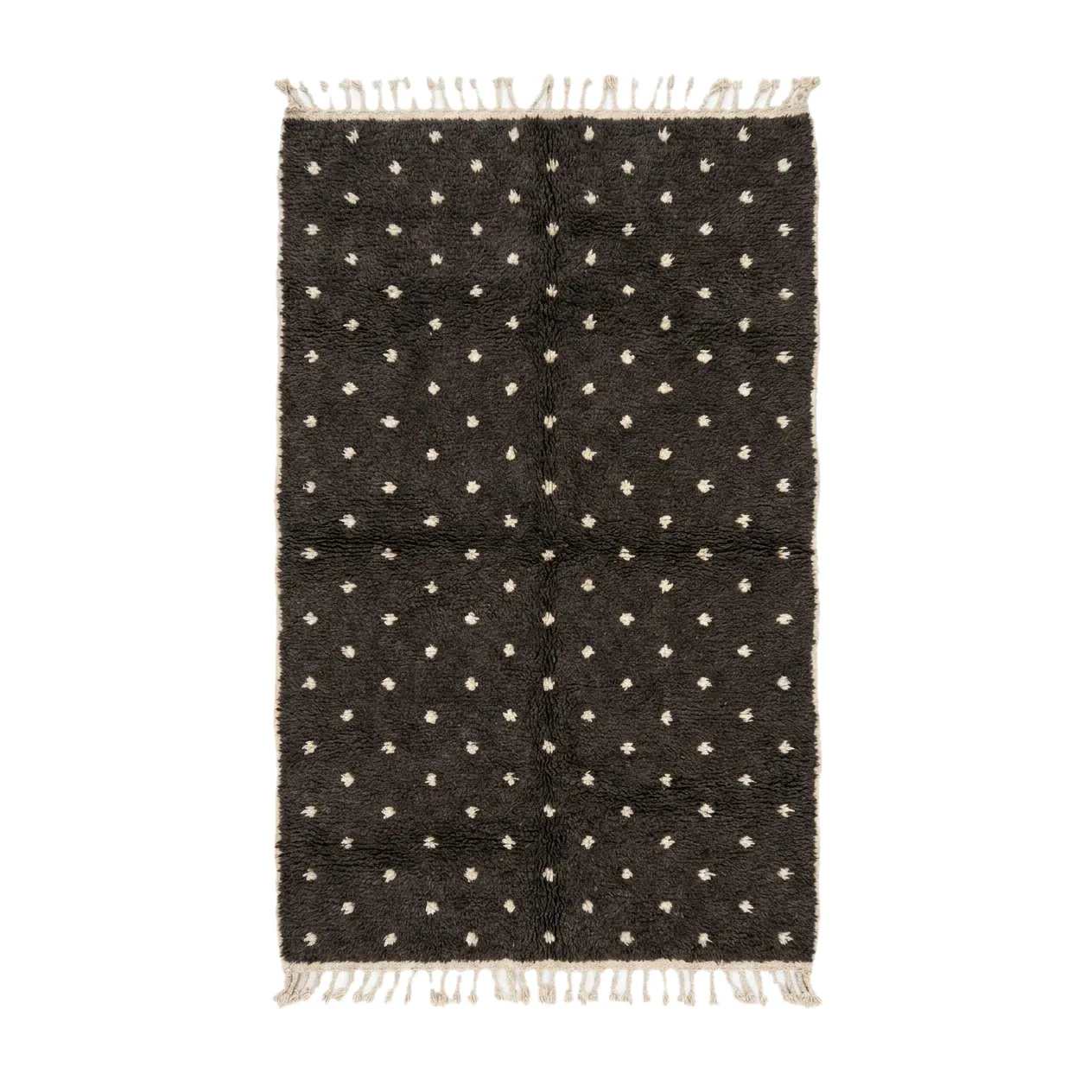 Dark charcoal Beni Ourain rug with small ivory dots in rows and fringes, hand-knotted wool